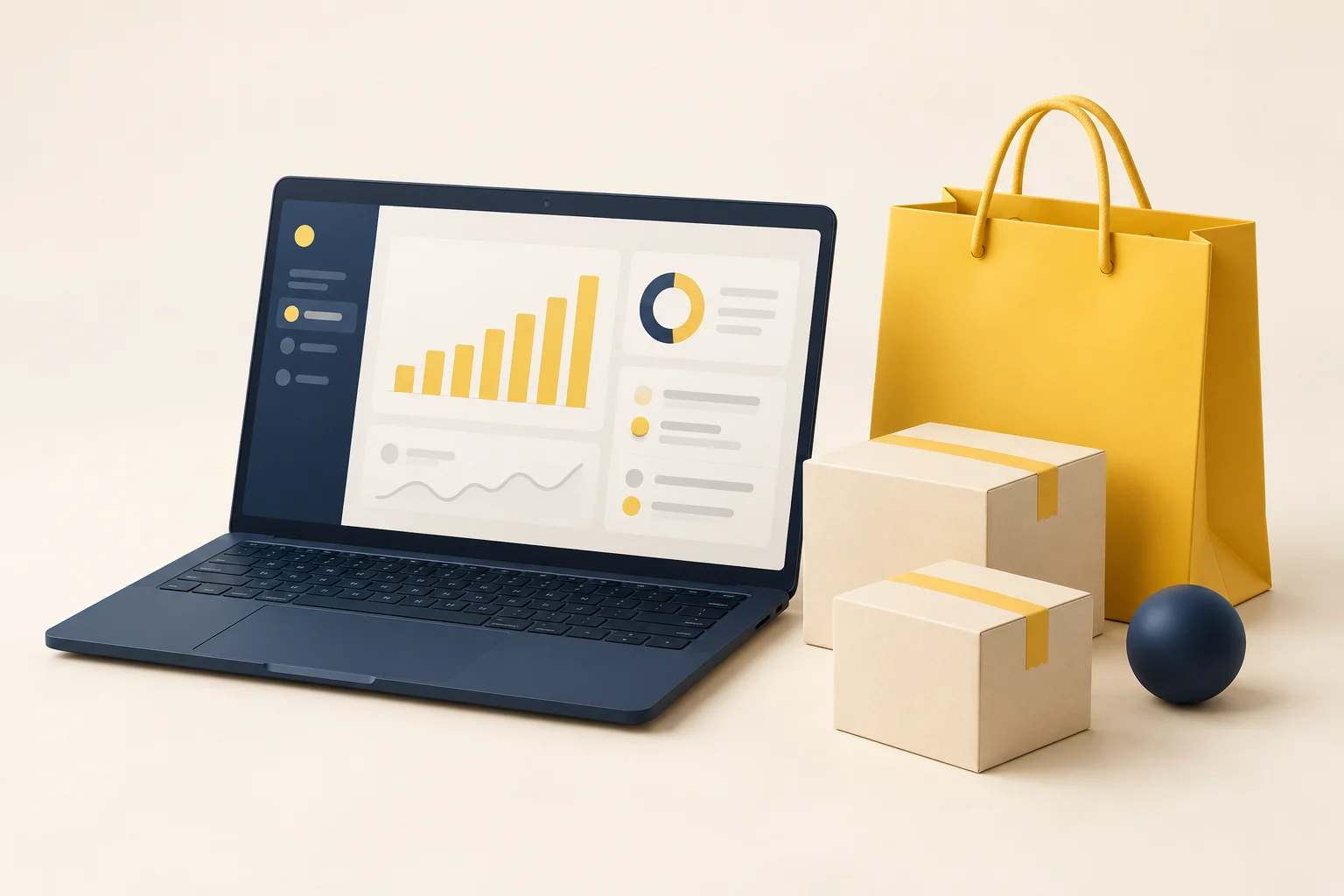 Ilustración minimalista de una computadora con un panel administrativo, paquetes y bolsa de compras