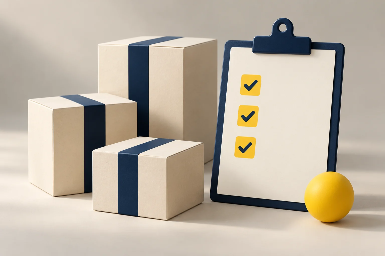Paquetes organizados junto a una lista de control, ilustración de inventario y seguimiento de pedidos